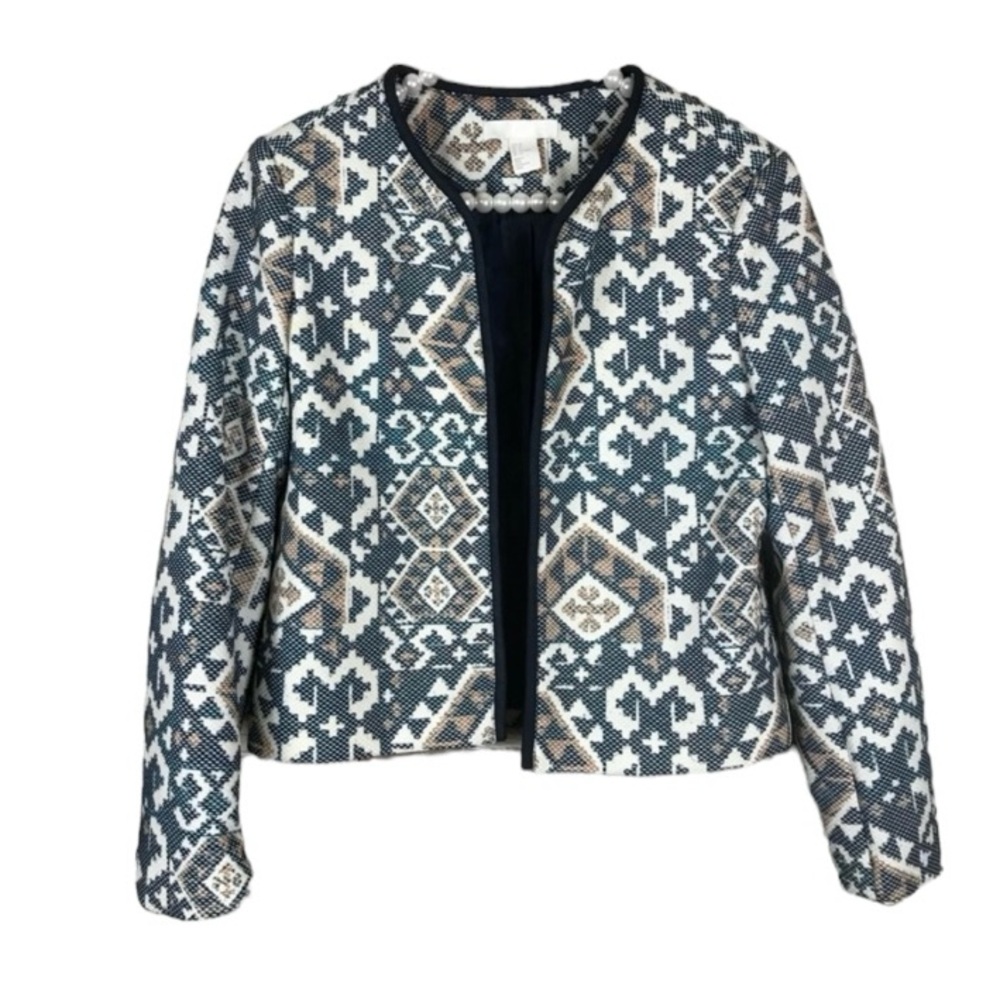 H&M Blazer Open Front Sz 8 Jacket Boho Southwest Lined Office Siren Career Aztec
